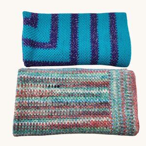 Vintage Hand Crocheted Throw Lap Blanket Lot Of 2 Multi-Color Afghans Cozy Retro
